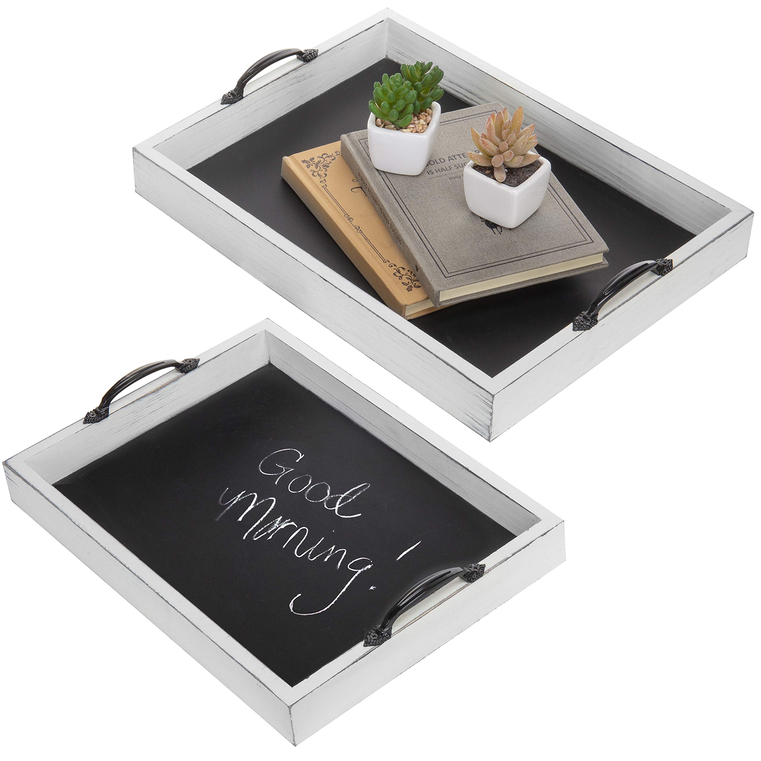MyGift Vintage White Wood Large Decorative Serving Tray with Metal Handles - 2-Piece Set for Coffee Table, Breakfast, and Nesting Display | Perfect for Entertaining, Brunch, and Home Decor