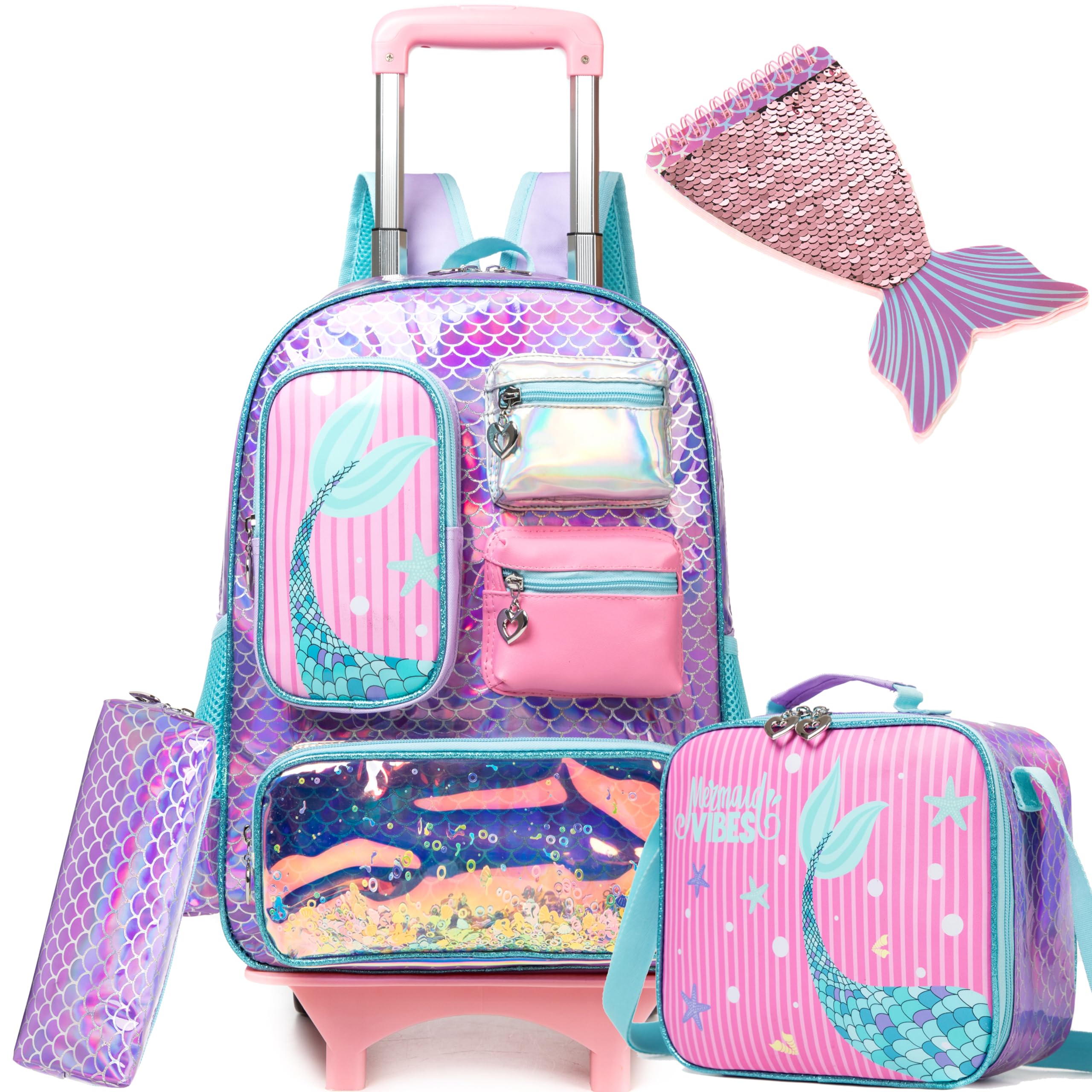 Mermaid Rolling Backpack for Girls - Waterproof School Backpack with Wheels & Lunch Box Set - Cute Elementary Student Backpack for Ages 6-8 - Perfect for School, Travel & Daily Use