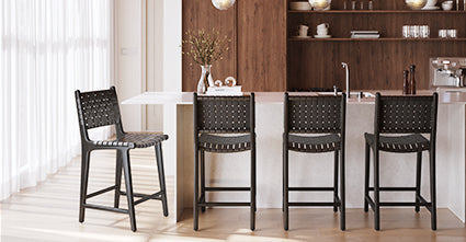 Premium Teak & Leather Counter Height Bar Stool - Modern Kitchen Island & Breakfast Nook Seating - Durable & Stylish for Home, Cafe, and Restaurant Use