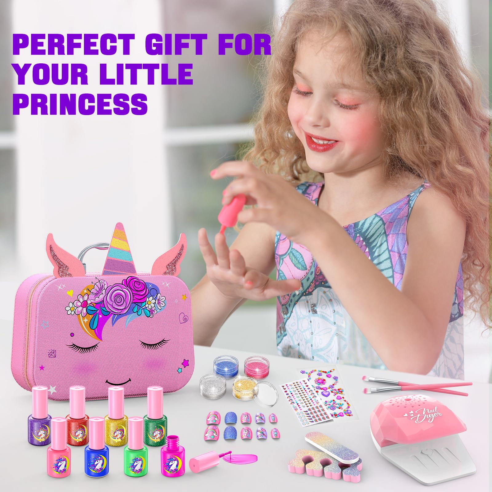 Non-Toxic Quick Dry Kids Nail Polish Set for Girls Ages 3-12 - Peelable Nail Art Salon Kit with Nail Dryer, Safe & Fun DIY Manicure Gift for Birthday Party, Spa Day & Pretend Play