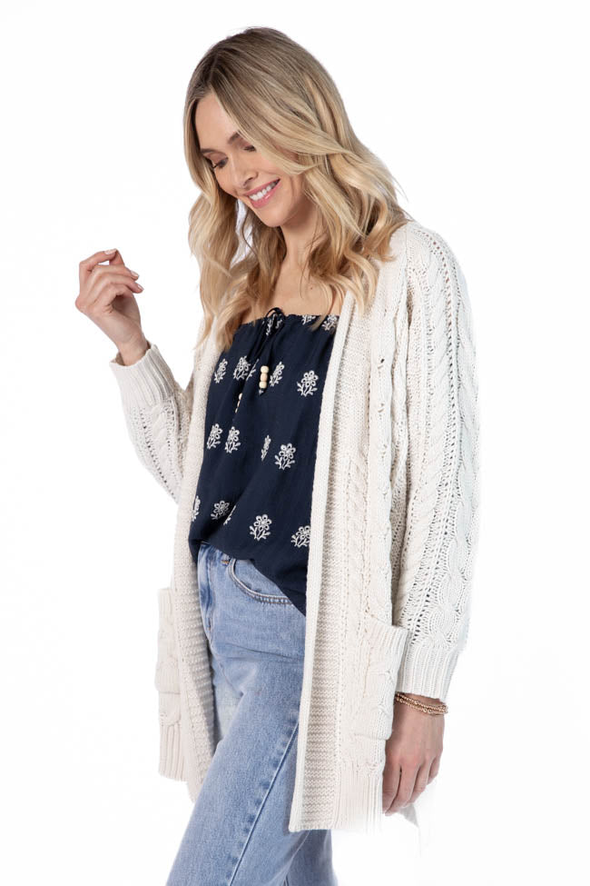 Sweet Nothings Cream Chunky Cable Knit Cardigan Sweater - Cozy Winter Oversized Open Front Women's Pullover | Perfect for Fall Layering, Christmas Outfits & Casual Office Wear