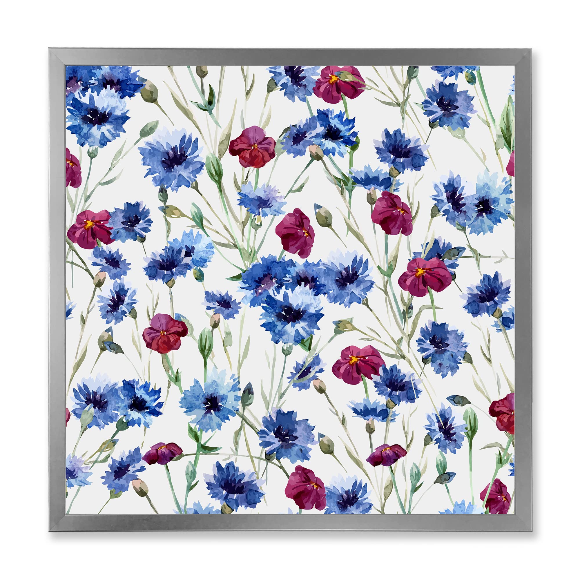 Blue and Red Wildflowers Traditional Framed Wall Art - Vintage Floral Canvas Painting for Living Room, Bedroom & Office Decor