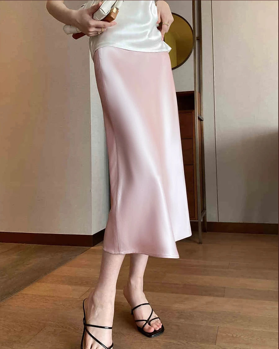 Elegant Silk Midi Skirts for Women - Stretchy Elastic Waistband, Flowy A-Line Design - Perfect for Office Wear, Date Nights & Special Occasions