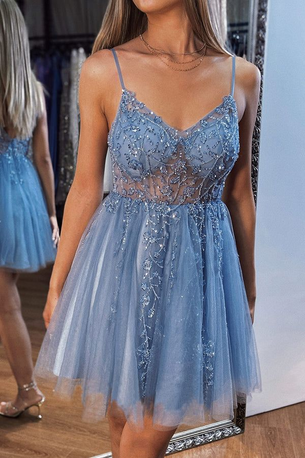 Elegant A-Line Beaded Short Prom Dress with Tulle Skirt - Perfect for Homecoming, Parties & Special Occasions - Style J4207