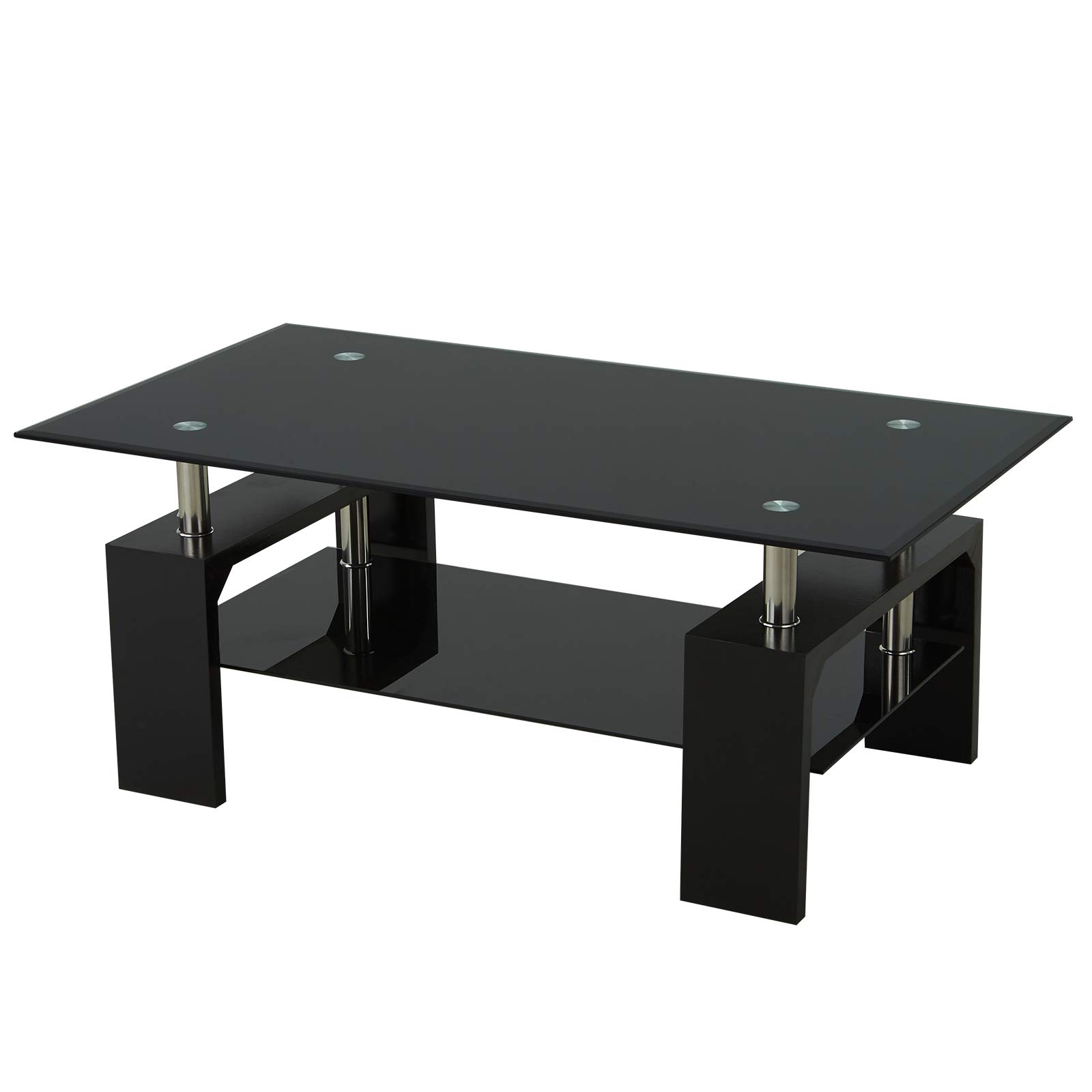 Upgraded Modern Black Glass Top Coffee Table with Storage Shelf - 43 Inch Rectangle Living Room Center Table with Wooden Legs - Perfect for Lounge, Sofa Side Table, and Home Decor