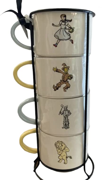 Rae Dunn Wizard of Oz Themed 4-Piece Stackable Double-Sided Coffee Mug Set with Metal Display Rack - Kansas, Brains, Heart, Courage, Dorothy, Scarecrow, Tin Man, Lion - Perfect for Oz Fans, Collectors & Coffee Lovers - Great for Home Decor, Gift Giving & Themed Parties