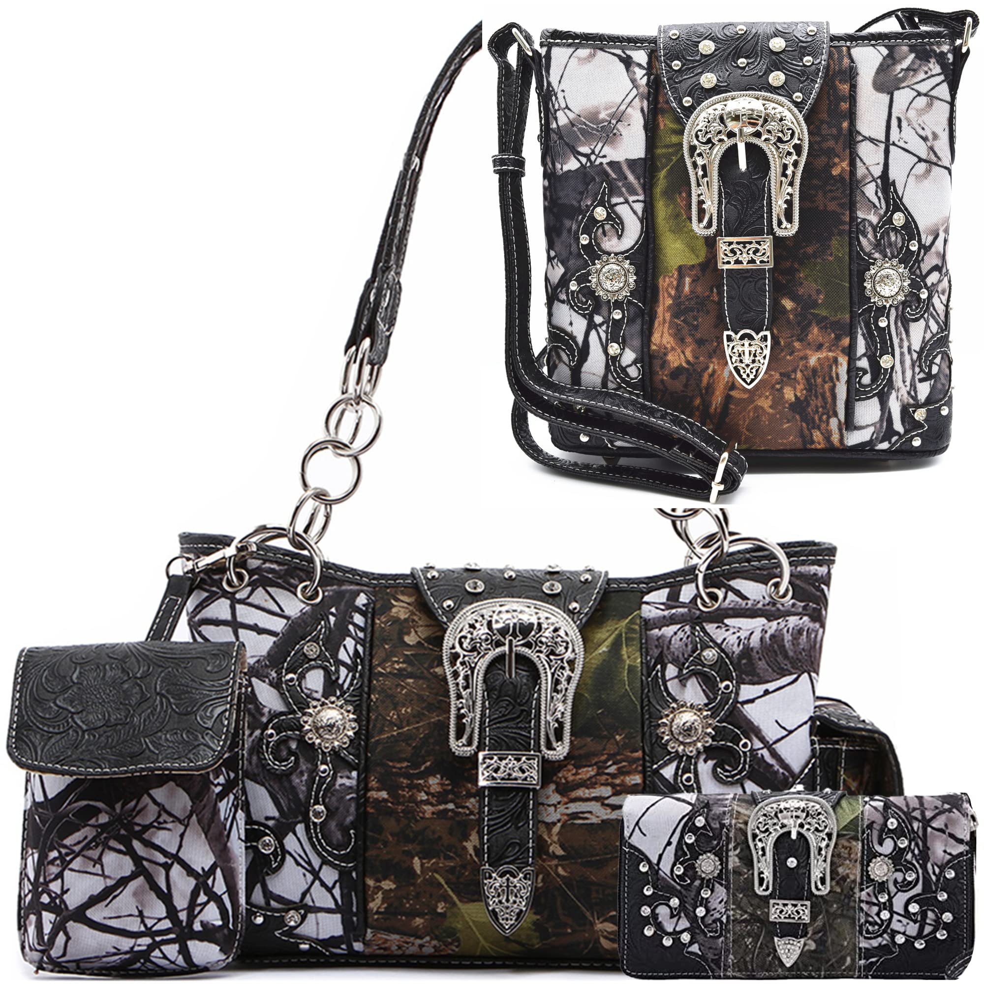 Western Style Camouflage Crossbody Handbag with Concho Buckle & Floral Tooling - Women's Shoulder Purse with Studs & Matching Wallet Set - Perfect for Country Concerts, Rodeos & Western Fashion Outfits