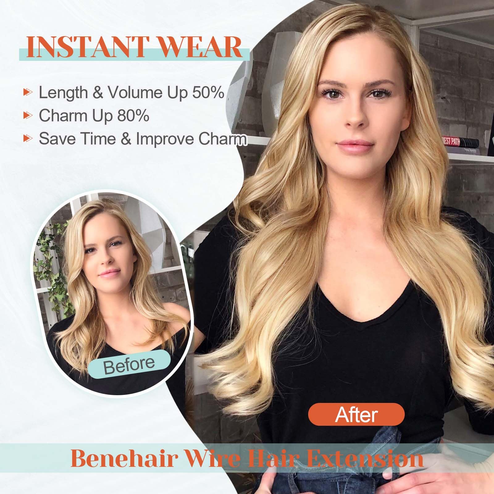 Benehair Ombre Human Hair Extensions - Brown to Blonde Wavy 22 Inch 130g Full Head Hairpieces for Women | No Tape No Glue Seamless Fish Line Headband | Natural Volume Boost for Everyday & Special Occasions