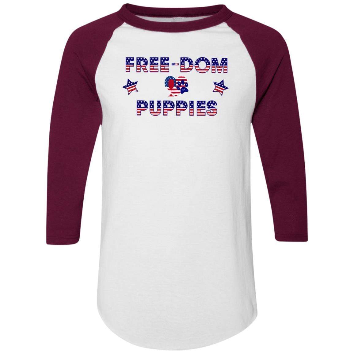 WineyBitches.Co Free Dom Puppies Colorblock Raglan Jersey - Trendy Women's Baseball Tee for Casual Wear, Street Style & Dog Lover Outfits