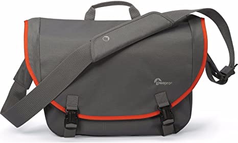Lowepro Passport Messenger Shoulder Bag - Waterproof Camera Bag for DSLR & Mirrorless Cameras - Compact Travel Photography Backpack (Gray/Orange) - Perfect for Hiking, Travel & Street Photography