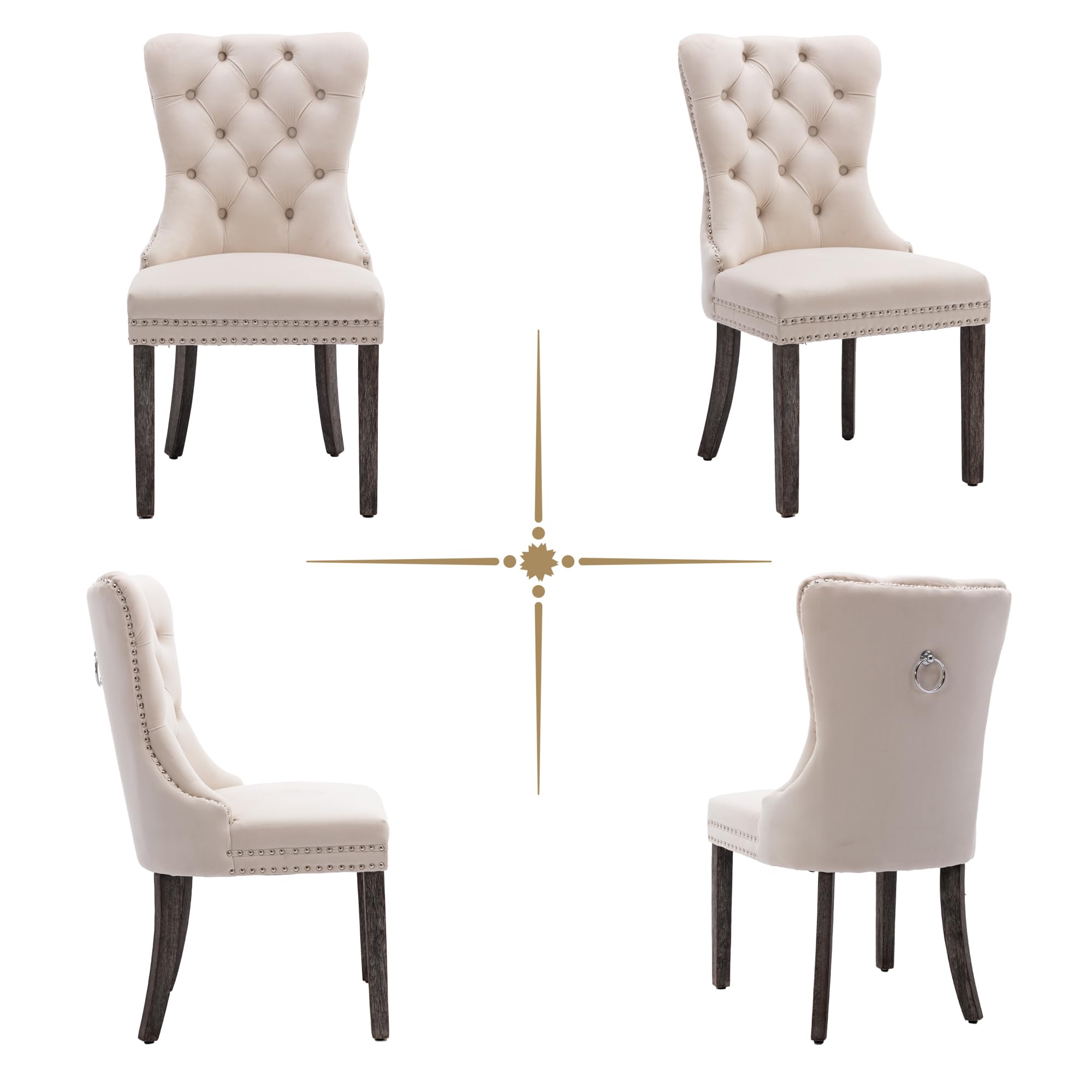 Civama 6-Piece Velvet Upholstered Dining Chairs Set - Tufted Back with Nailhead Trim & Pull Ring, Nikki Collection Armless Kitchen Chairs with Solid Wood Legs in Beige - Perfect for Dining Room, Kitchen, Banquet & Home Decor