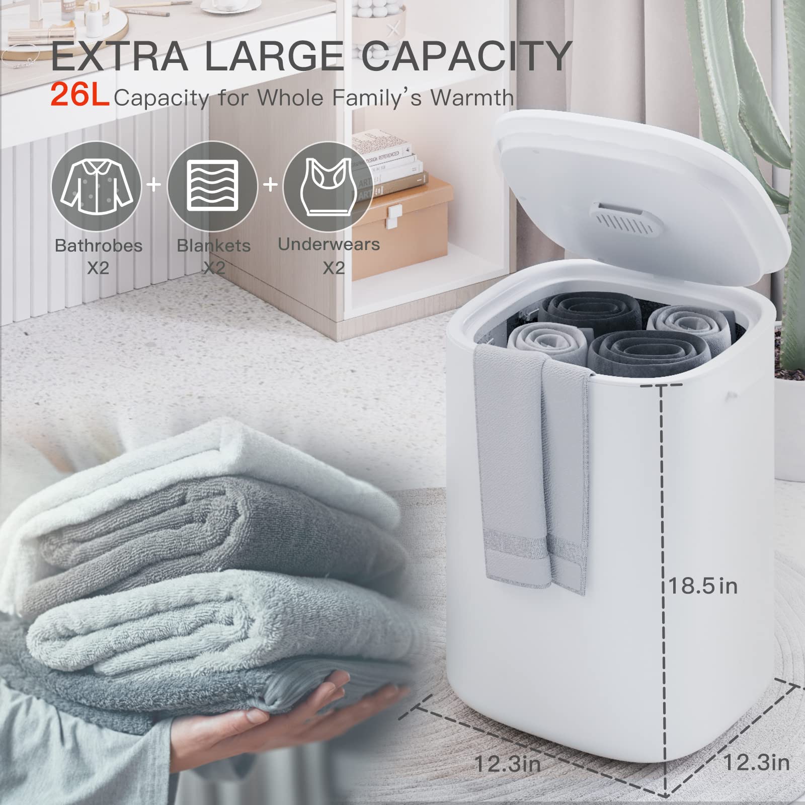 DOACE 26L Large Electric Towel Warmer Bucket with LED Display - Adjustable Heat Timer (20/40/60 Min), 24H Delay Timer - Fits 2 Oversized Towels, PJs & Bathrobes (Black/White) - Perfect for Spa, Salon, Bathroom & Home Relaxation