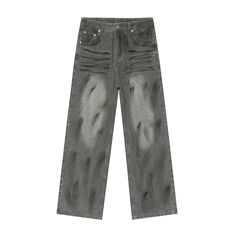 Vintage American Style Men's Denim Jeans - Distressed Washed Straight Leg Pants with Contrast Paint Design for Fall 2024 | Casual Wear, Street Style, Everyday Outfits