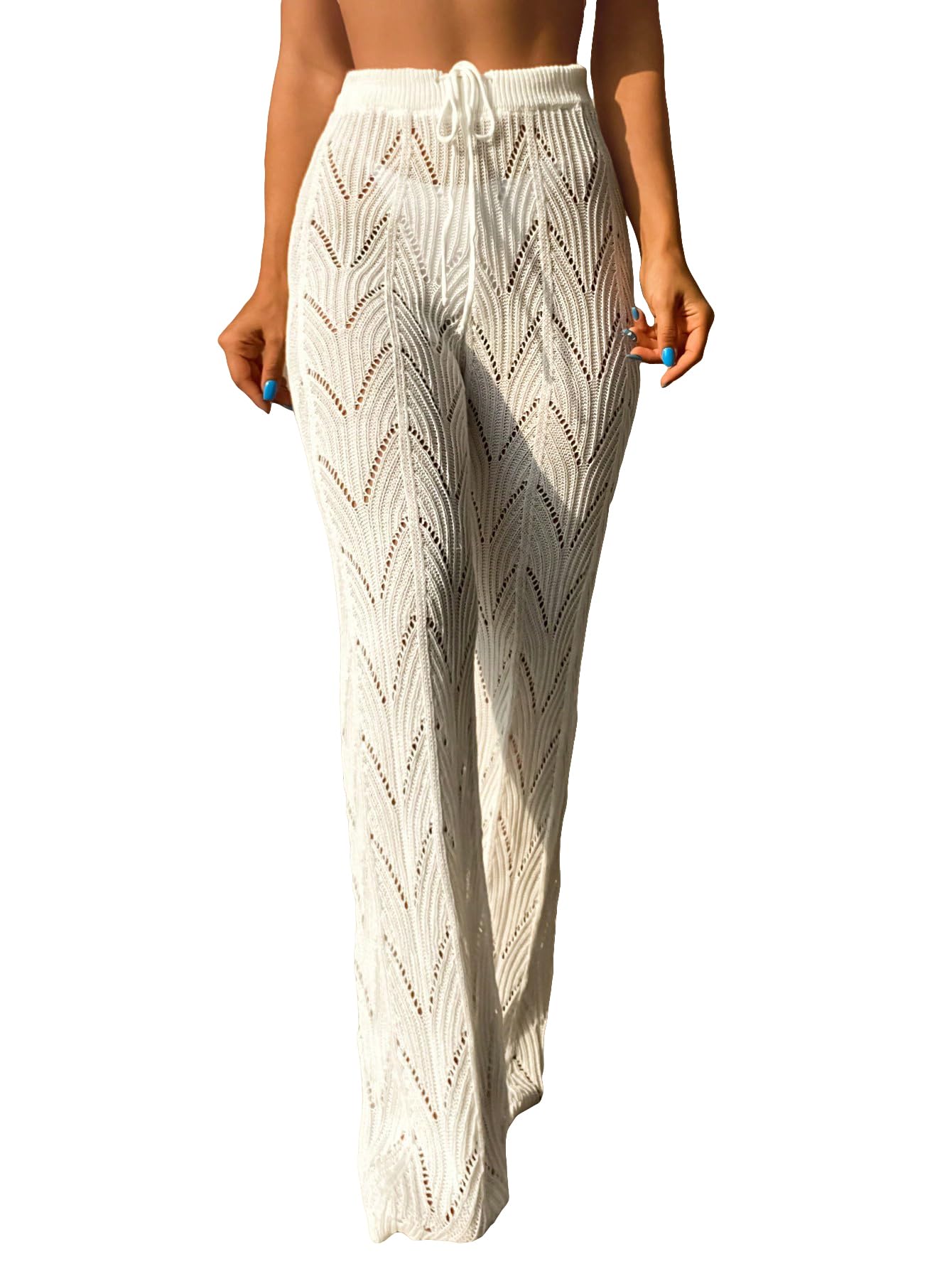 WDIRARA Women's Swimwear Cover Up Pants - Sheer Mesh Knit with Drawstring Waist Tie Front - Beachwear, Poolside Lounge, Vacation Outfit