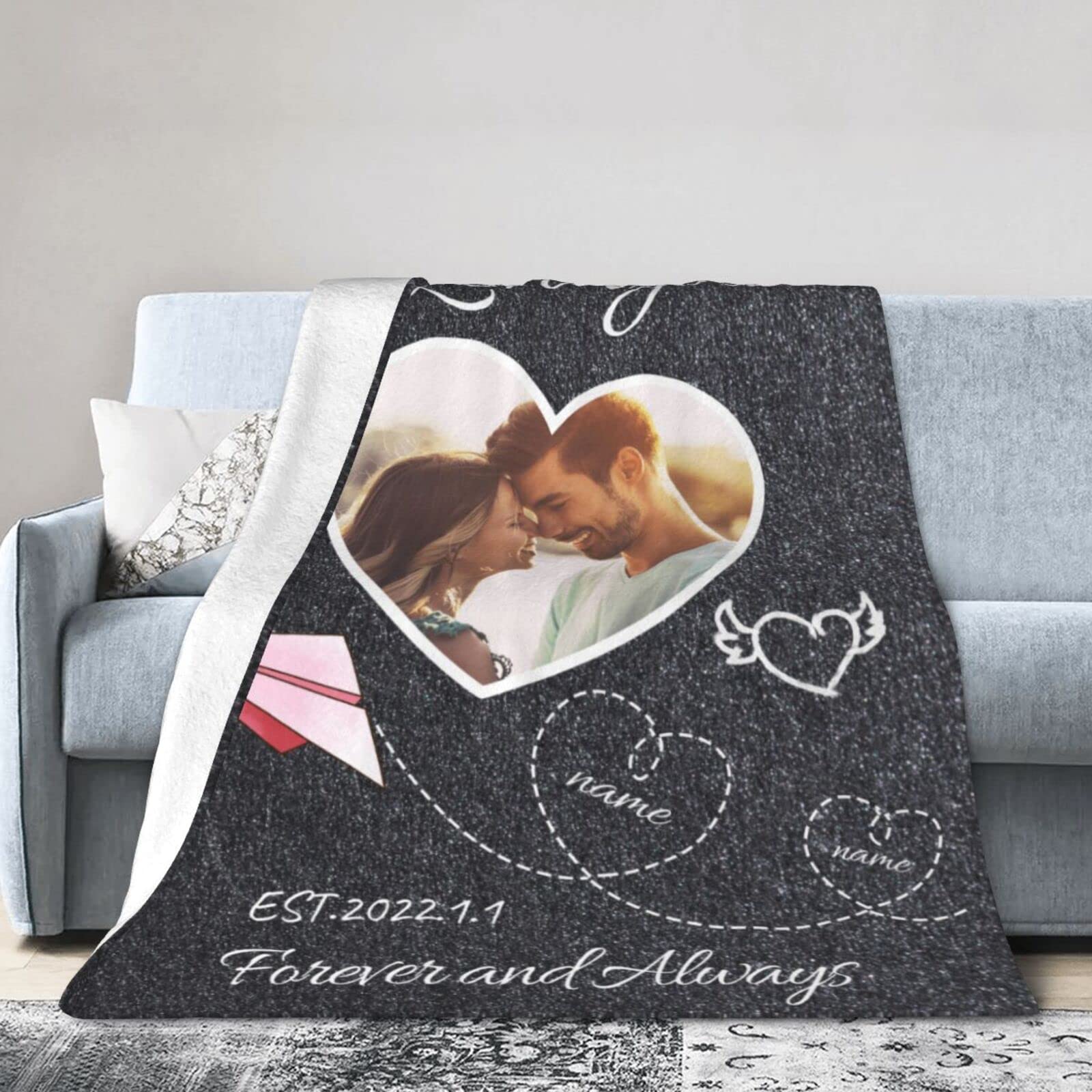 Personalized Anniversary Blanket with Custom Name, Picture & Date - Romantic Gift for Couples, Wife or Husband - Wedding, Valentine's Day Present - Perfect for Cuddling, Home Decor & Special Occasions