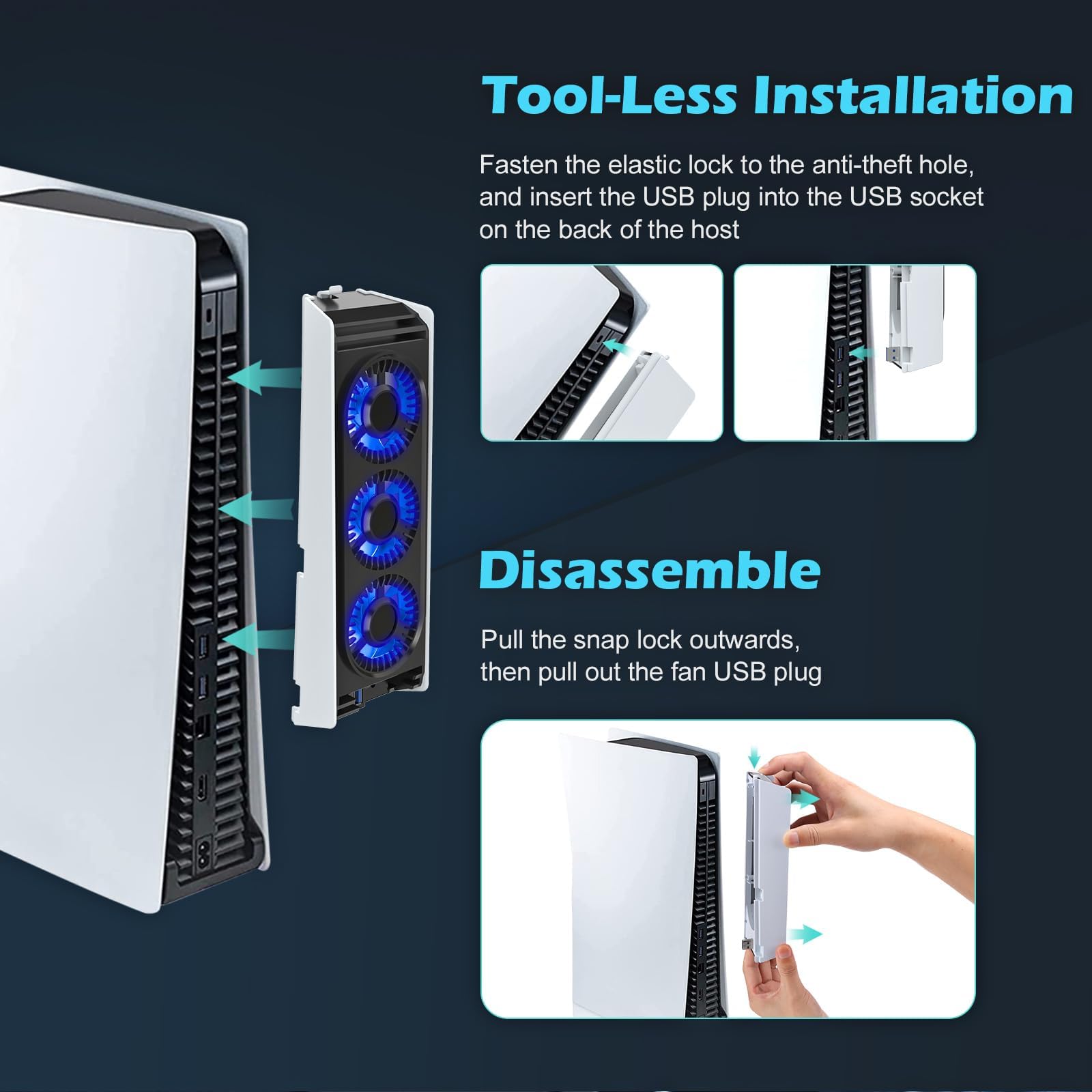 Upgraded PS5 Cooling Fan with LED Light & USB 3.0 Hubs - Quiet Horizontal Cooling System for PS5 Disc/Digital Edition - Perfect for Gaming Marathons & Console Protection