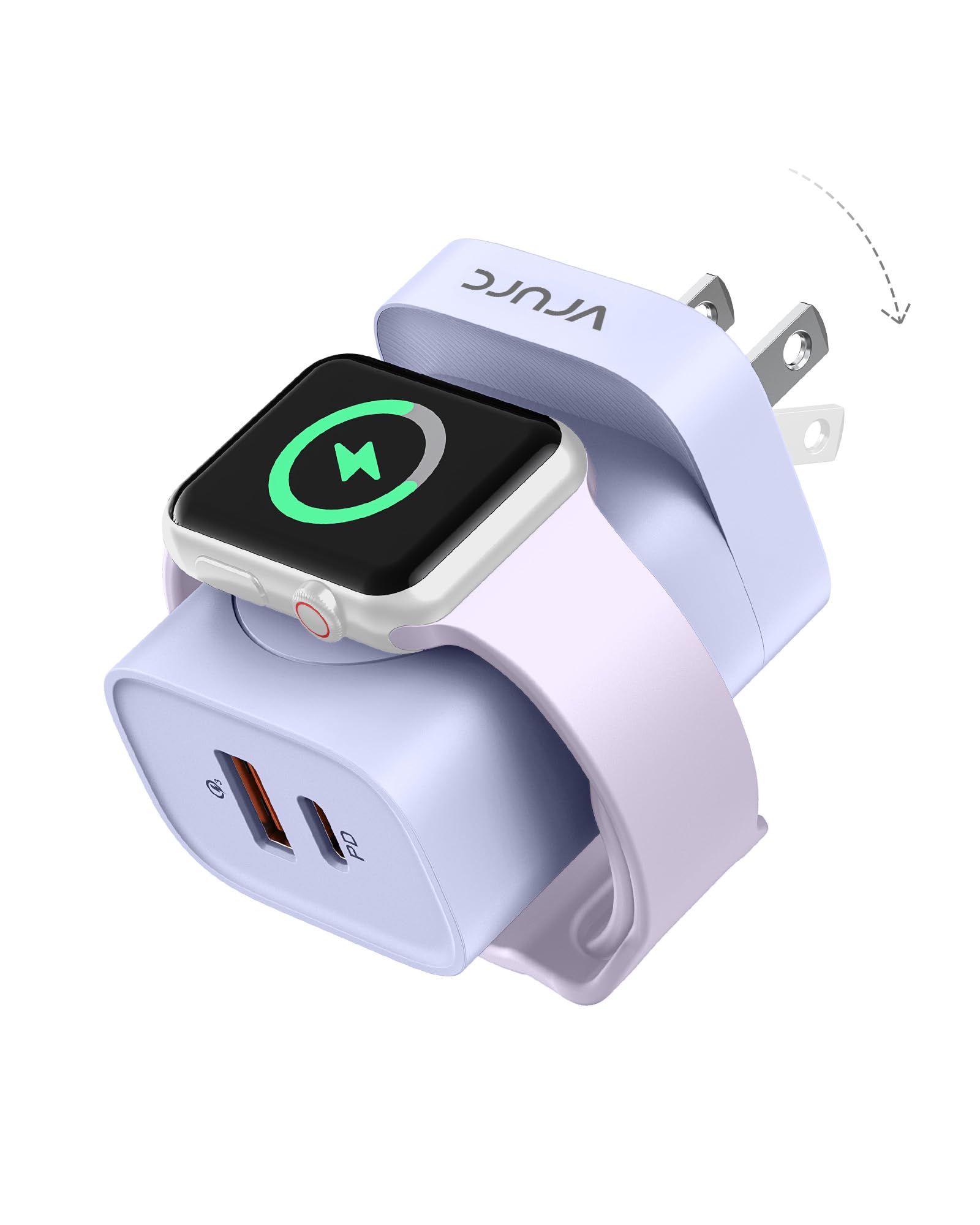 VRURC 3-in-1 Magnetic Wireless Charger for Apple Watch Series 10/9/8/7/6/5/4/3/SE/Ultra, iPhone 16/15/14/13 & Android Phones - 20W PD Fast Charging, Portable Travel Charging Station (Purple) - Perfect for Home, Office & On-the-Go Charging
