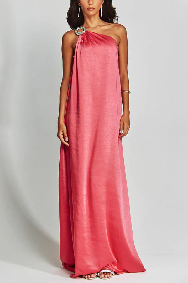 Elegant One Shoulder Satin Maxi Dress with Metal Hardware - Perfect for Weddings, Parties & Evening Events