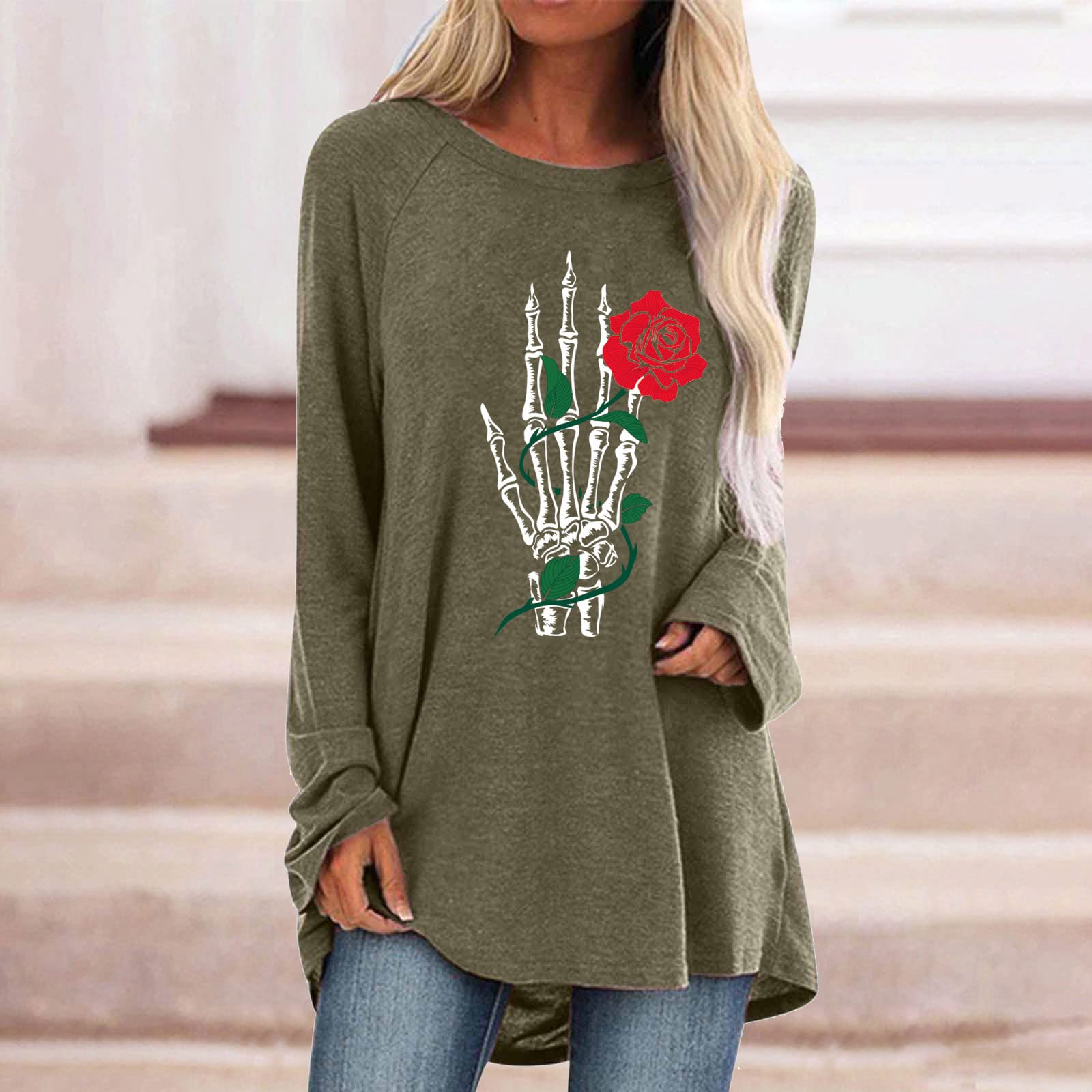 Halloween Women's Boat Neck Oversized Elegant Nursing Tunic - Lightweight Printed Work Blouse Top in Khaki | Perfect for Costume Parties, Office Wear & Nursing Comfort