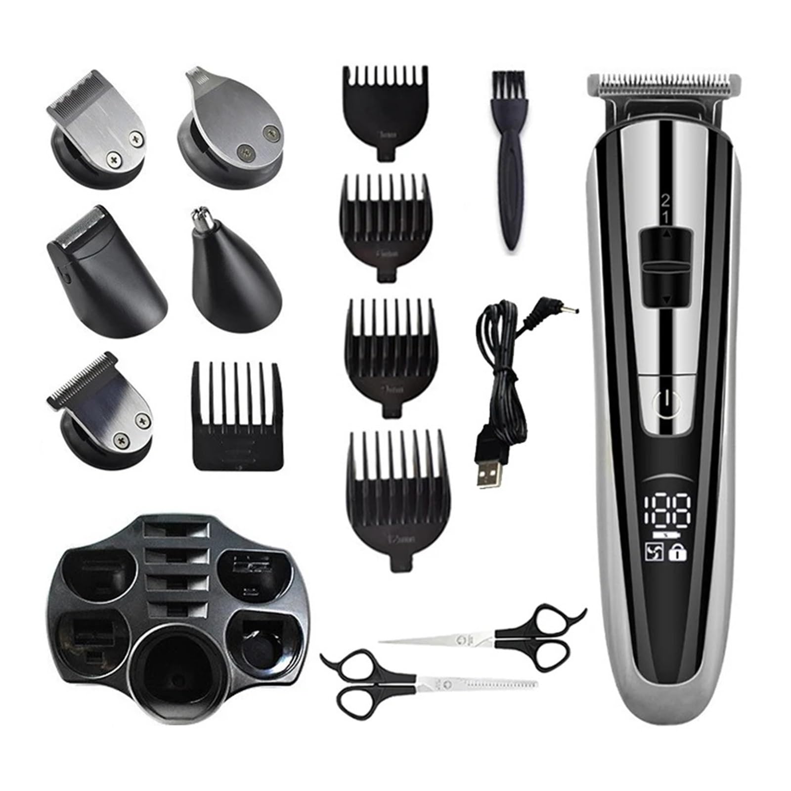 5-in-1 Rechargeable Men's Beard Trimmer & Nose Hair Clipper - Electric Shaver with Scissor Set for Professional Grooming at Home or Travel