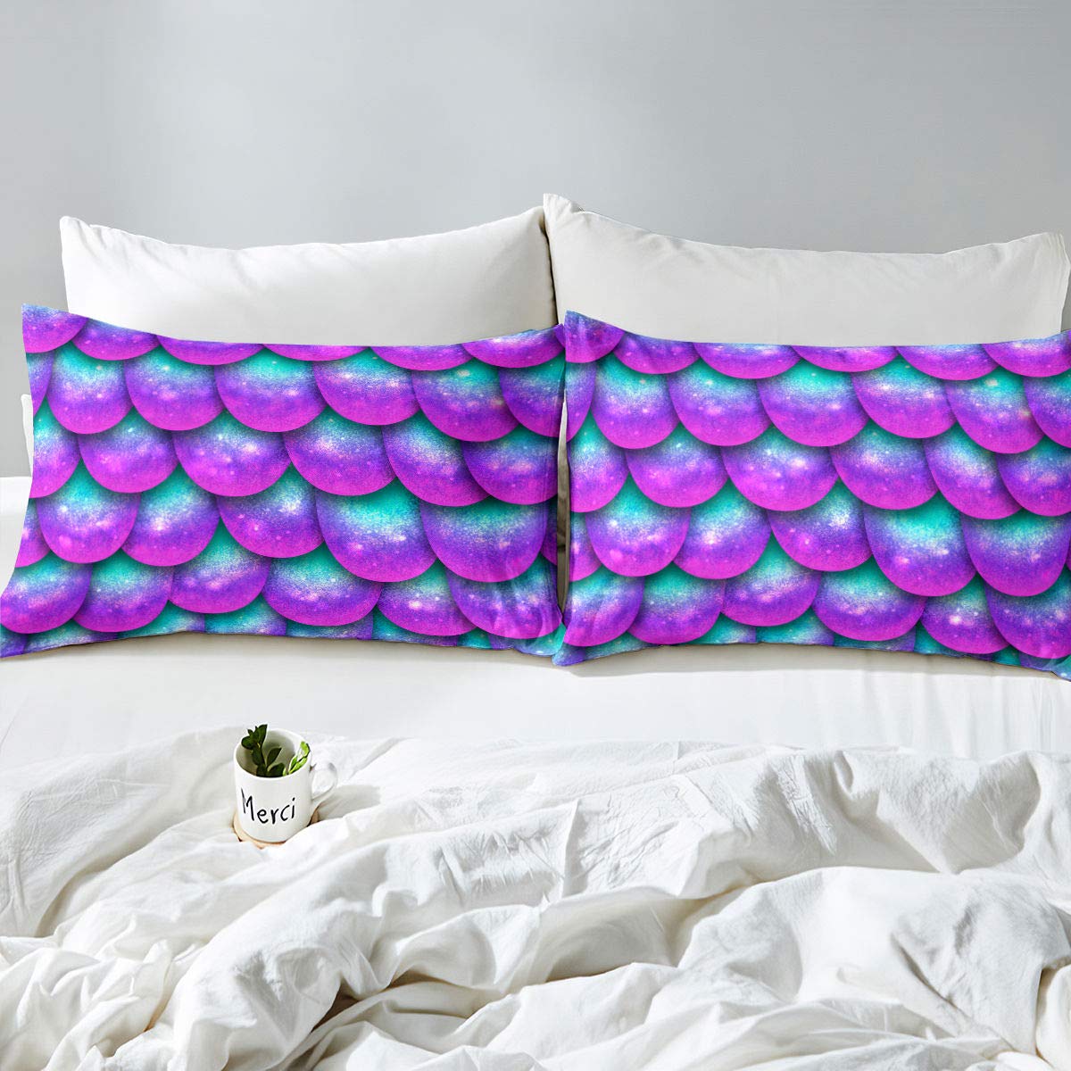 Erosebridal Mermaid Scale Duvet Cover Set - 3 Piece Full Size Seigaiha Pattern Quilt Cover with Fish Scale Design, Breathable Purple Comforter for Girls & Women - Perfect for Kids' Rooms, Teen Bedrooms & Boho Home Decor