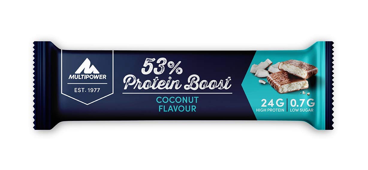 Multipower 53% Protein Boost Bar - 20 Pack Coconut Flavor High Protein Snack - 24g Protein & 1.4g Sugar Per Bar - Perfect for Post-Workout Recovery & Healthy On-the-Go Nutrition