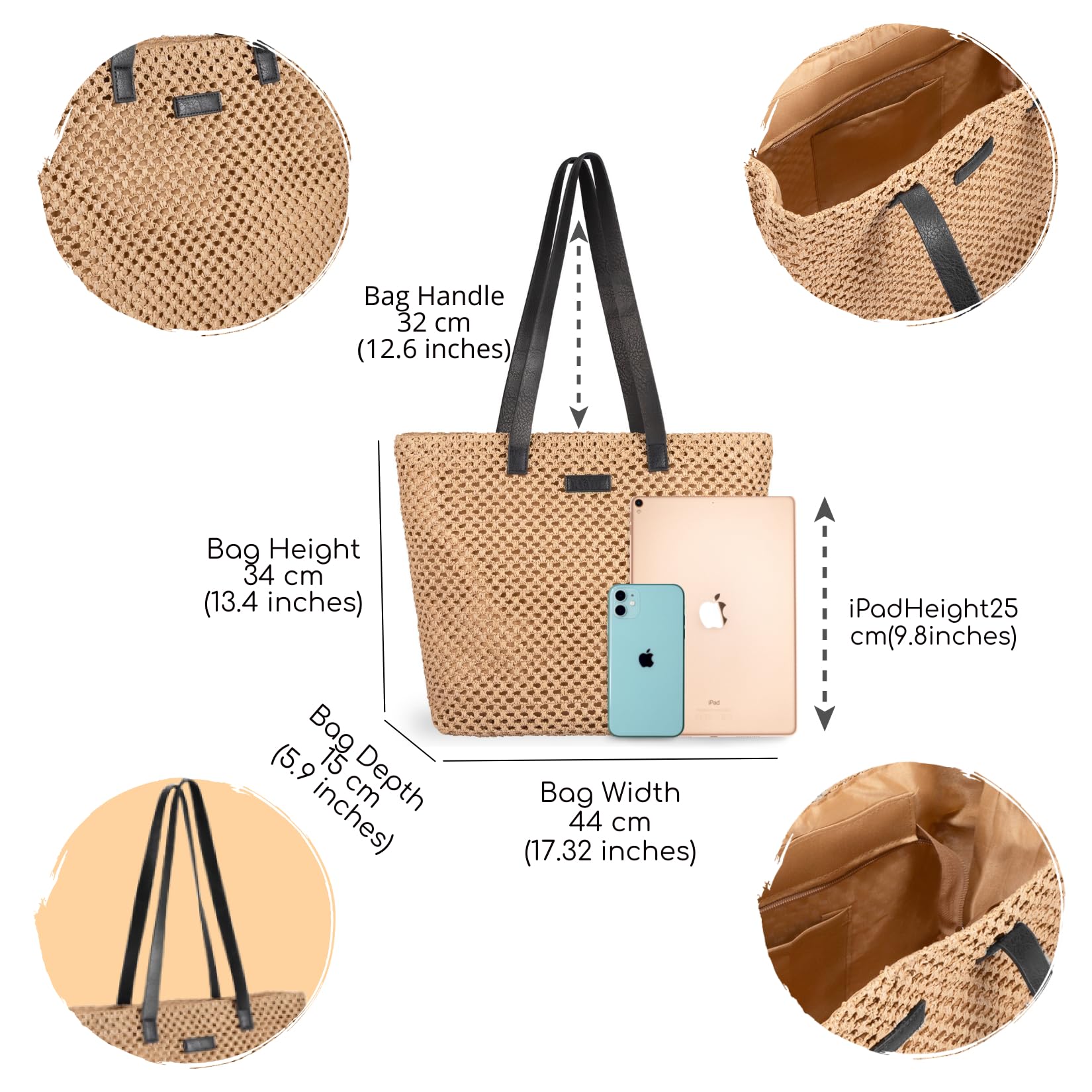 Women's Foldable Straw Beach Bag - Large Woven Tote with Zipper for Pool & Summer Outings