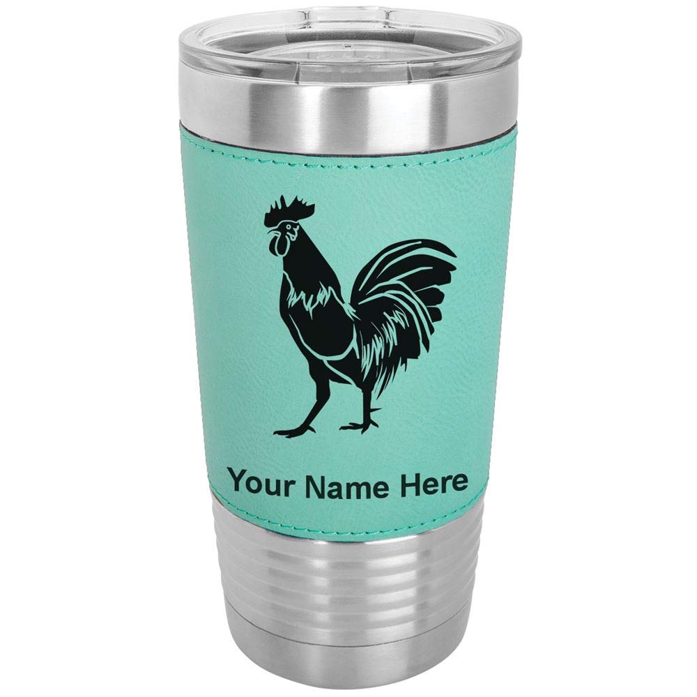 LaserGram 20oz Vacuum Insulated Stainless Steel Tumbler Mug with Personalized Engraving - Leakproof Travel Coffee Cup for Hot & Cold Drinks - Faux Leather Handle, Teal Rooster Design - Perfect for Office, Gym, Camping & Outdoor Adventures