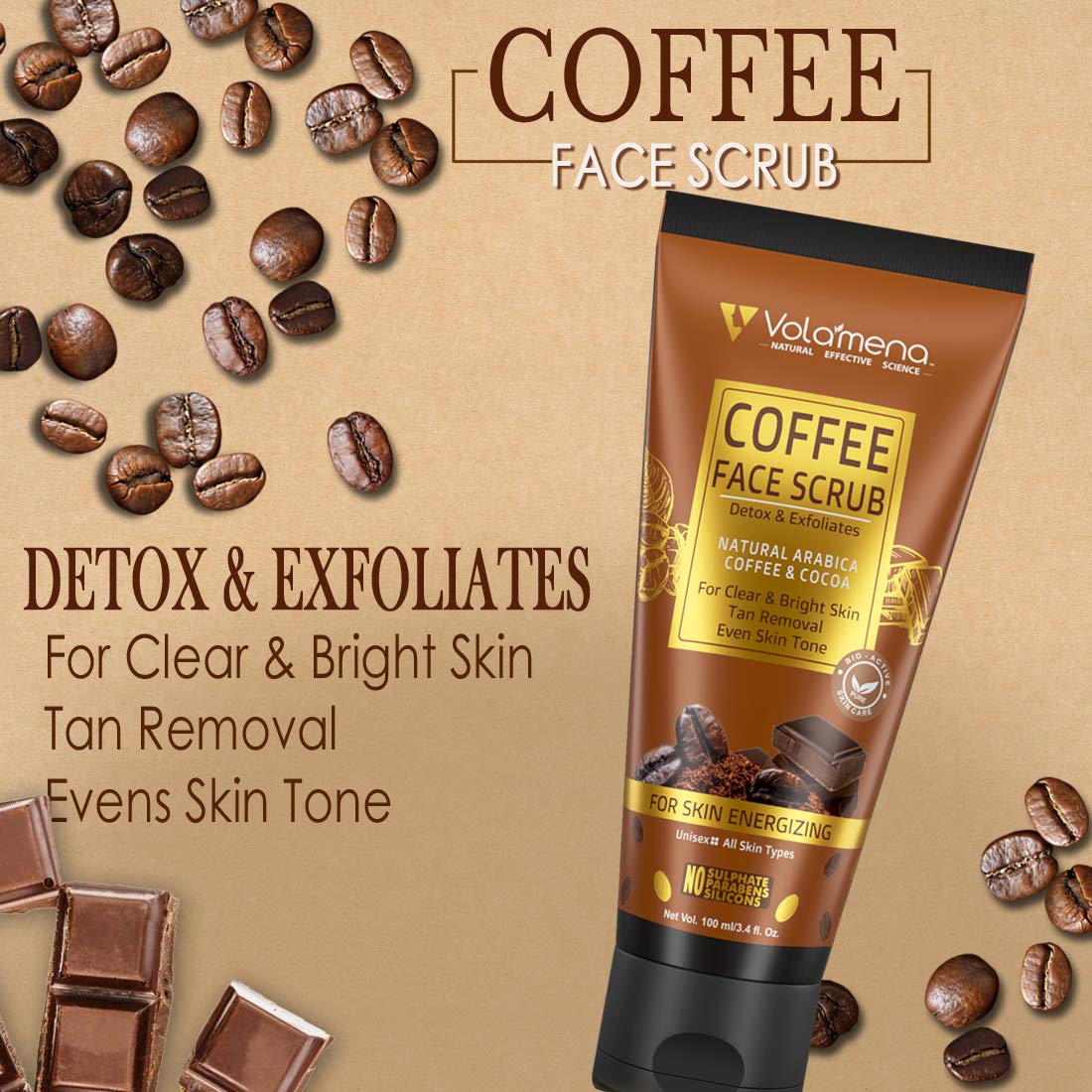 Volamena Exfoliating Coffee Face Scrub with Cocoa & Arabica Beans - 100ml Natural Skincare for Clear, Bright Skin | Gentle Cleansing & Dead Skin Removal for Daily Facial Care Routine