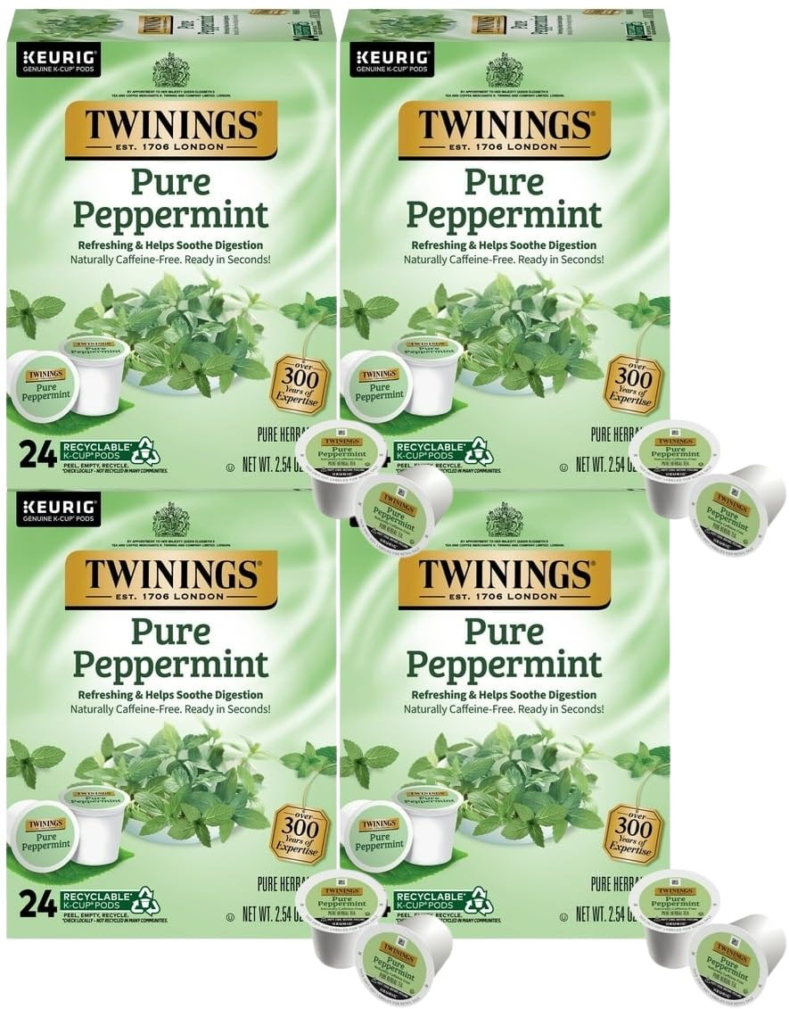 Twinings Pure Peppermint Tea K-Cup Pods for Keurig Brewers - 96 Count (4 Packs of 24) | Naturally Caffeine-Free Herbal Tea | 100% Pure Peppermint Leaves | Perfect for Relaxation, Digestion & Evening Tea Time