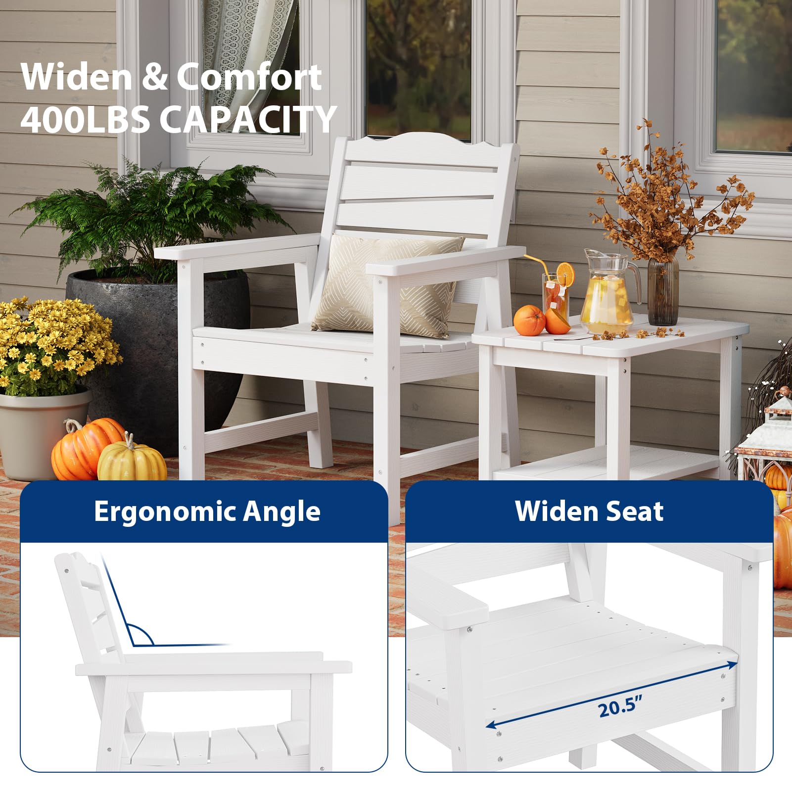 **Weatherproof Poly Lumber Patio Chair - Ergonomic Curved Seat, 400lbs Capacity - Outdoor Dining Chairs for Garden, Porch, Lawn & Backyard (White) - Perfect for Relaxing, Entertaining & Outdoor Dining**