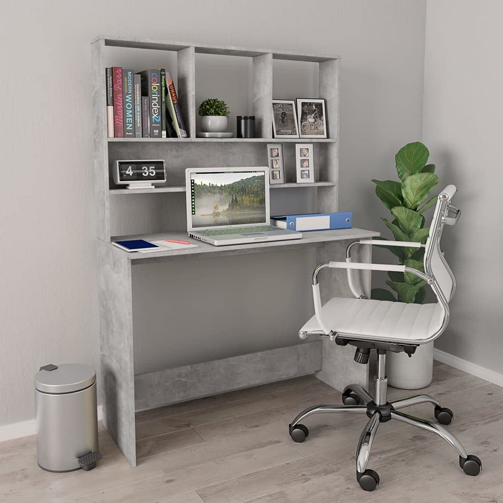 Modern Compact Writing Desk with Shelves & Storage Cabinet - Space Saving Home Office Furniture, Study Desk for Small Spaces - Easy Clean Engineered Wood in Concrete Gray (43.3