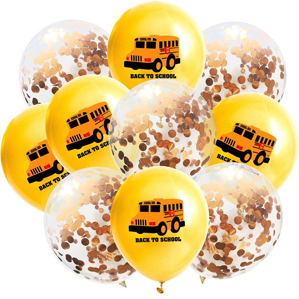 Amosfun 15-Piece 12 Inch Back to School Balloons Set - School Bus Printed Latex Balloons for Classroom Decorations, Birthday Parties & Graduation Celebrations (Champagne Gold)