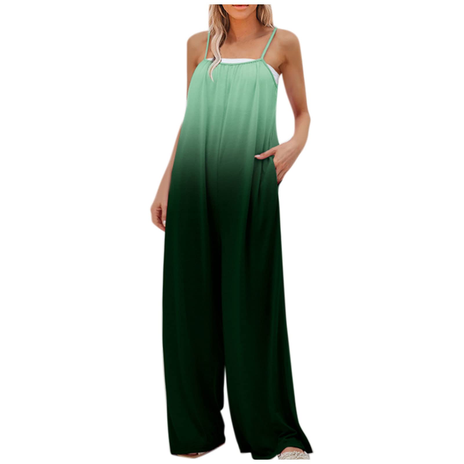 Vintage Boho Women's Summer Jumpsuit - Spaghetti Straps, Sleeveless, Gradient Color, Wide Leg & Baggy Fit - Perfect for Beach, Vacation & Casual Outings