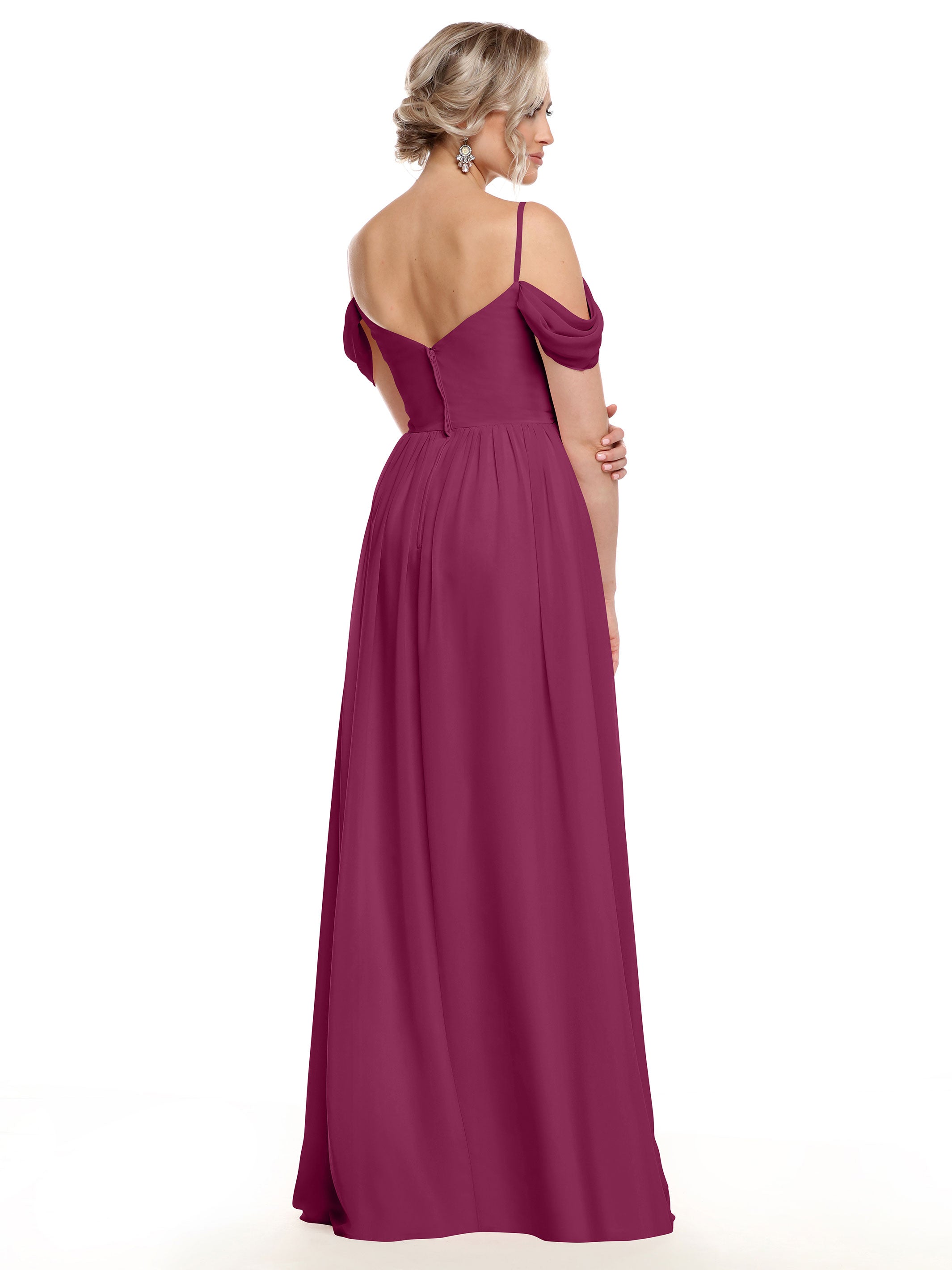 Elegant 80142 Off-The-Shoulder Chiffon Bridesmaid Dress with Spaghetti Straps - Perfect for Weddings, Formal Events & Evening Parties