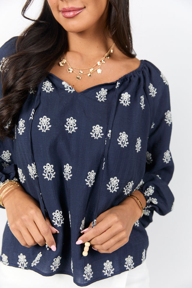 Navy Blue Embroidered Woven Popover Blouse for Women - Elegant Casual & Office Wear - Perfect for Work, Dates & Special Occasions