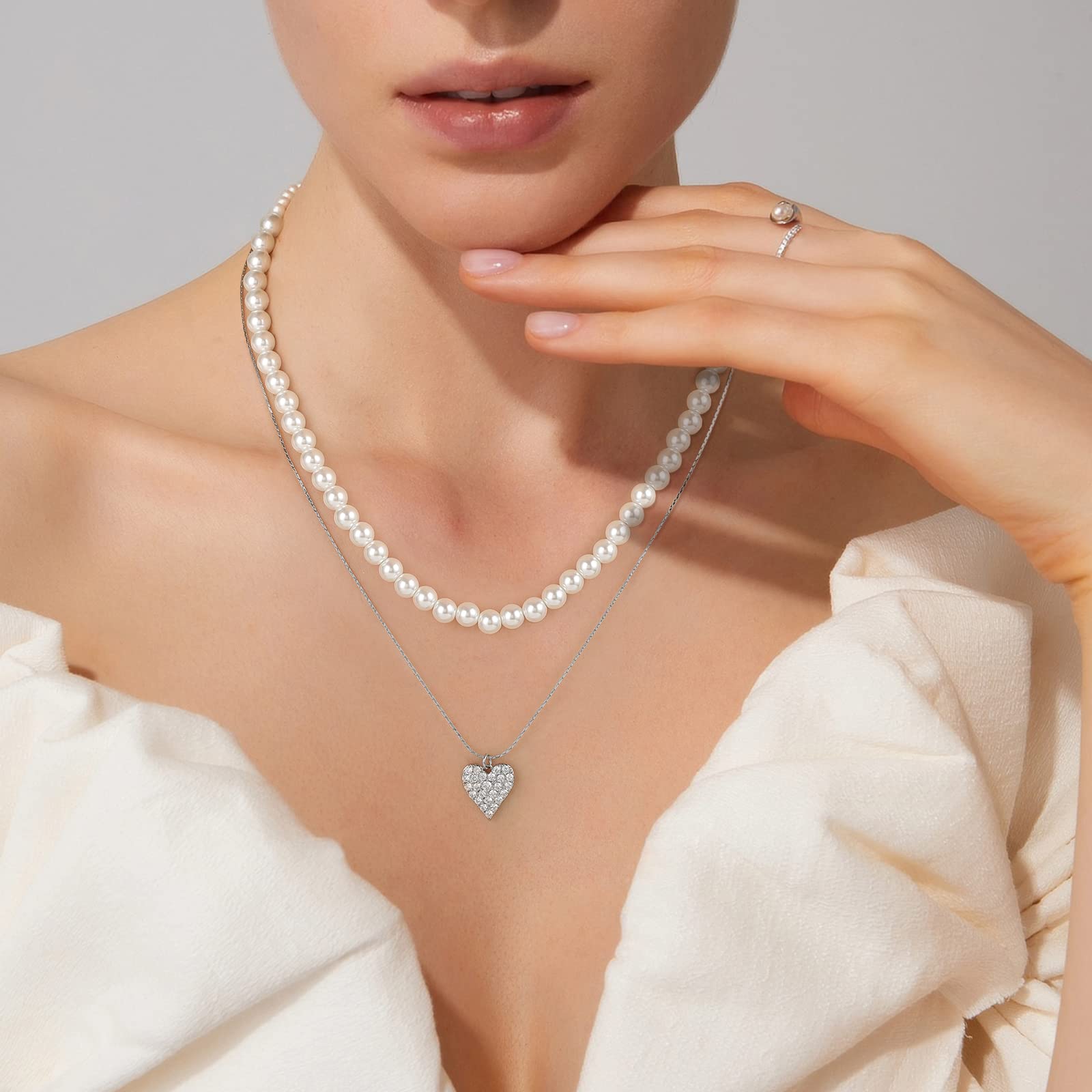 Layered Pearl Necklace for Women - 16K Gold Plated Love Zircon Pendant Choker, Elegant Dainty Jewelry for Wedding, Anniversary & Date Night Gifts