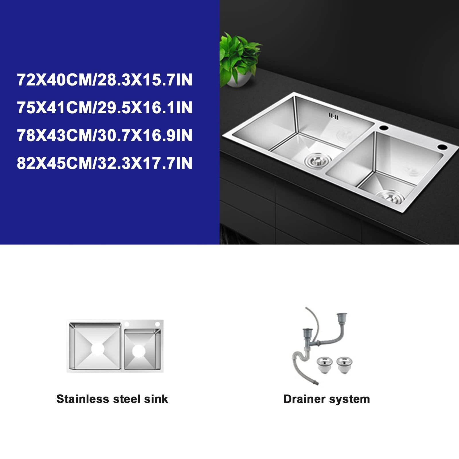 Premium Double Bowl Stainless Steel Kitchen Sink - Heavy Duty 18/8 Gauge, Handmade, Undermount Installation (72x40cm, Silver) - Perfect for Modern Kitchens, Food Prep & Dishwashing
