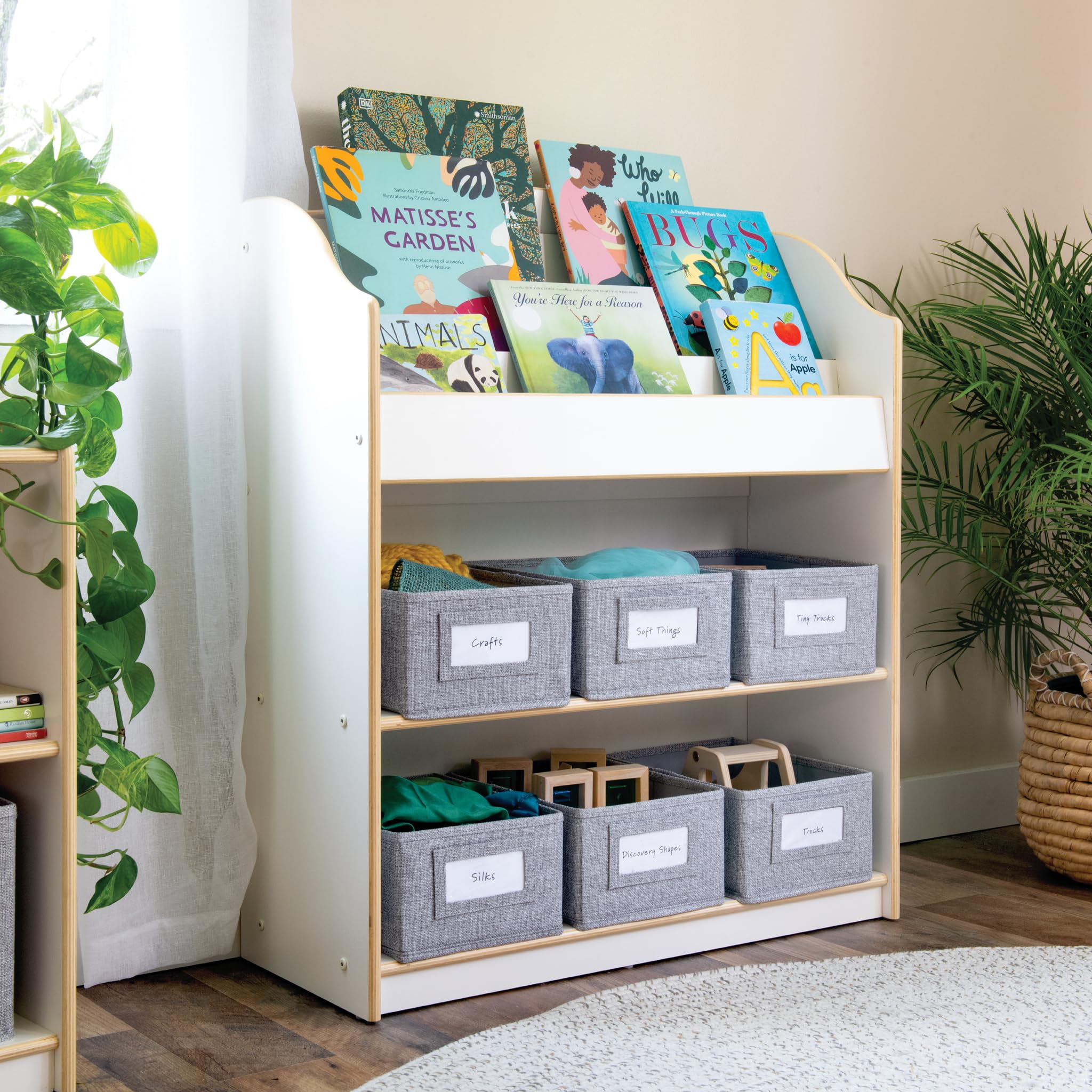 Guidecraft EdQ Book and Bin Browser White - 6 Fabric Storage Bins, Kids Book Rack & Toy Organizer - Classroom & Homeschool Bookcase for Reading Nook, Playroom & Kids' Bedroom Organization