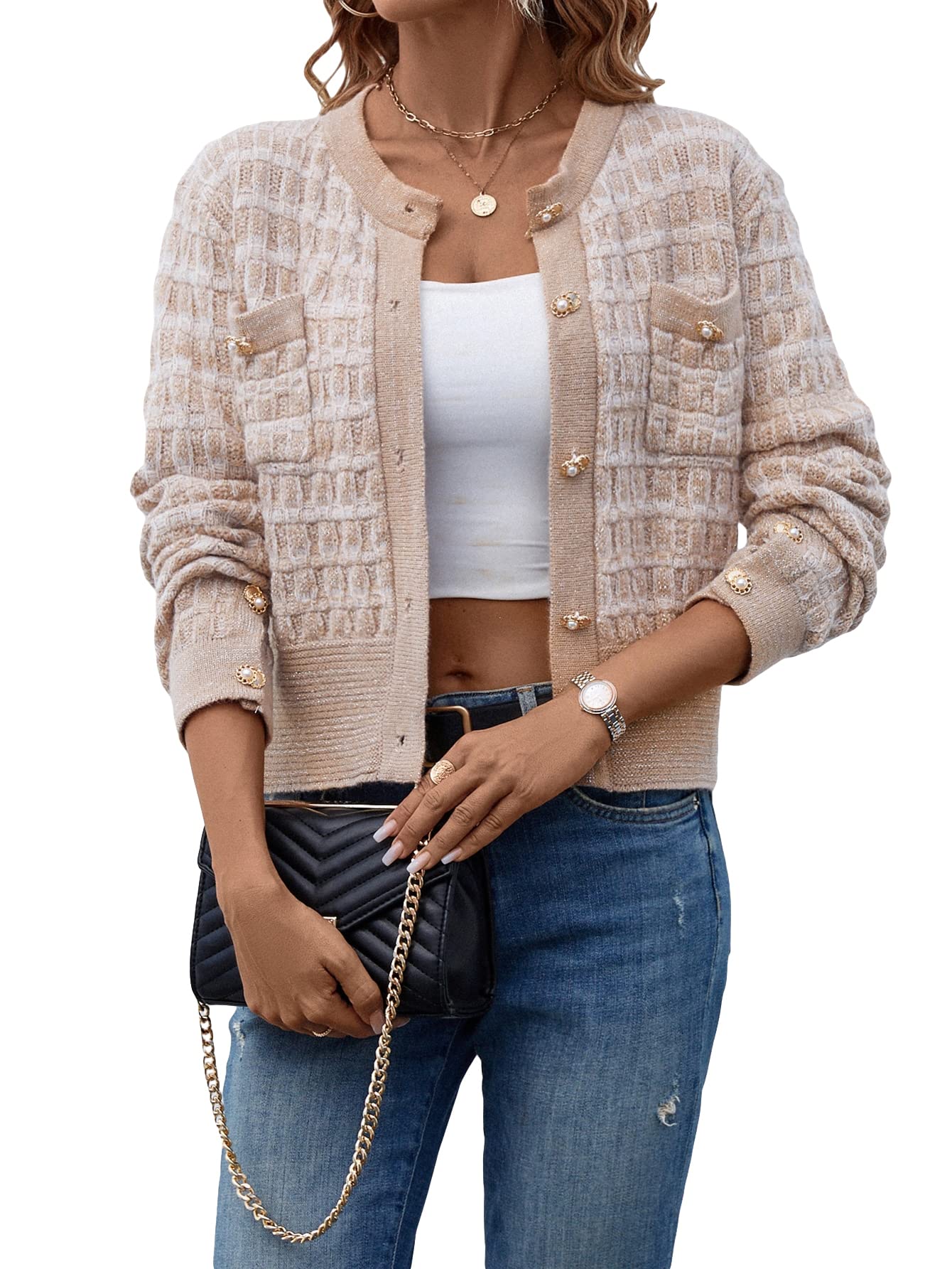 Stylish Women's Cropped Cardigan with Pearl Buttons | Open Front Knit Sweater | Lightweight Outerwear for Spring & Fall | Perfect for Office, Date Night & Casual Outings