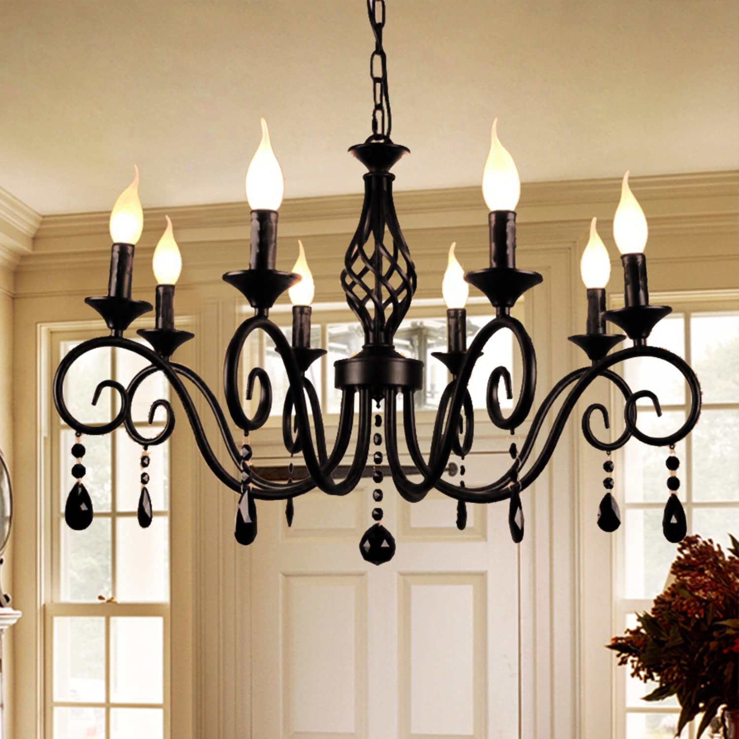 Ganeed 8-Light French Country Crystal Chandelier - Black Vintage Industrial Pendant Light Fixture for Living Room, Kitchen, Dining Room & Island | Elegant Ceiling Lighting for Home Decor, Wedding Venues & Restaurant Ambiance