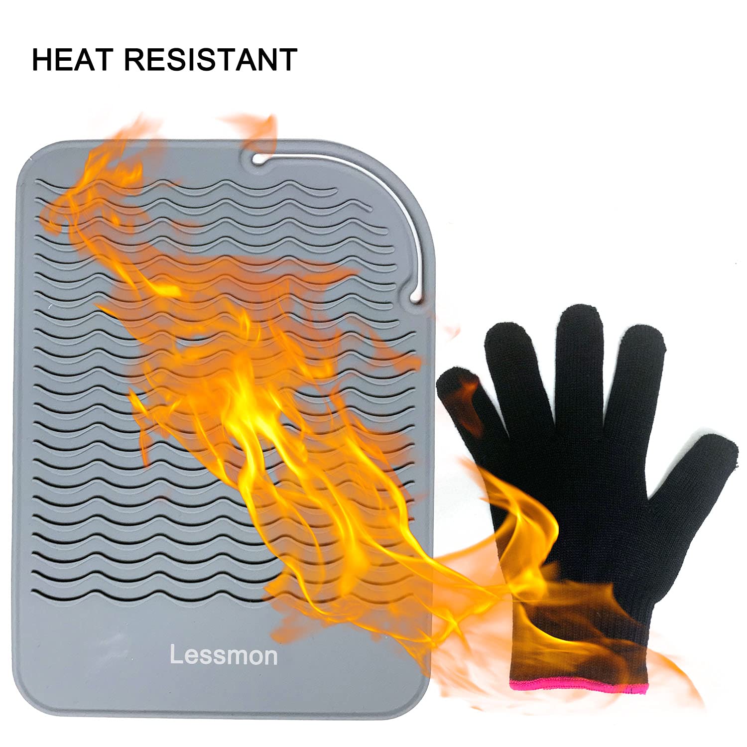 Heat Resistant Travel Mat for Curling Iron & Hair Straightener - 9”x6.5” Gray Counter Protector with Heat Resistant Glove | Perfect for Salon, Home & Travel Styling | Lessmon