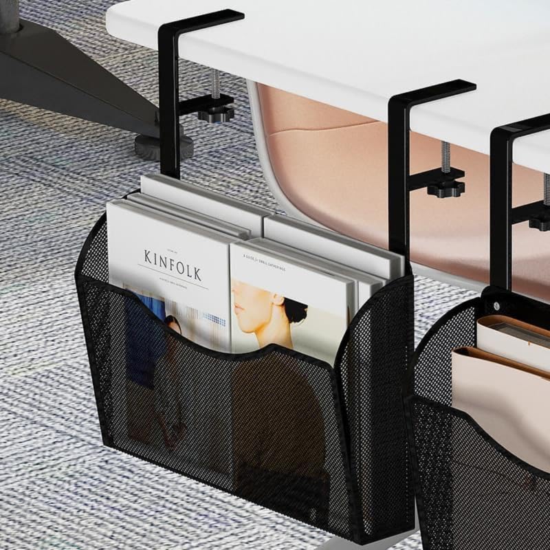 Under Desk Drawer Organizer - Clamp On Mesh Metal Storage Tray for Office & Home Workspace - Space Saving Side Desk Organizer with Hanging Design (Black) - Perfect for Storing Pens, Notebooks & Office Supplies Under Computer Desk