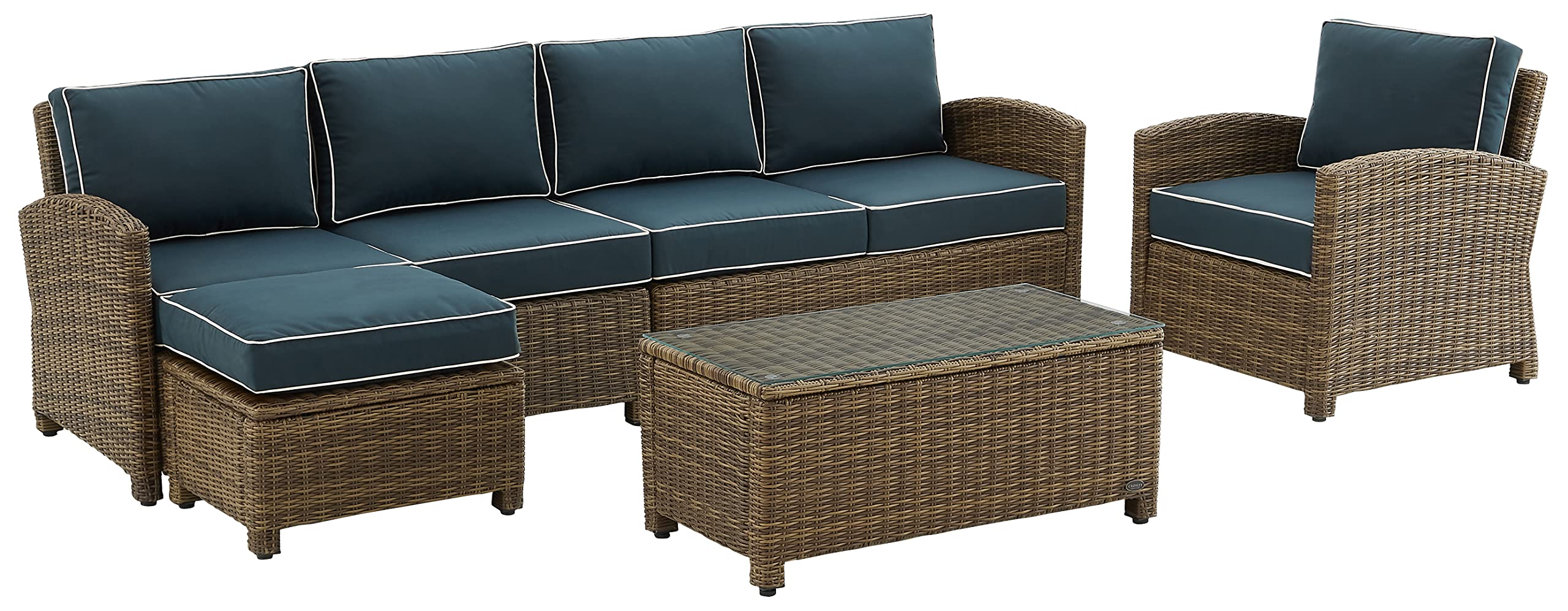 Crosley Bradenton 5-Piece Outdoor Sectional Sofa Set - Wicker Patio Furniture with Weather-Resistant Weathered Brown Frame & Navy Blue Cushions - Perfect for Deck, Garden, Poolside & Backyard Relaxation