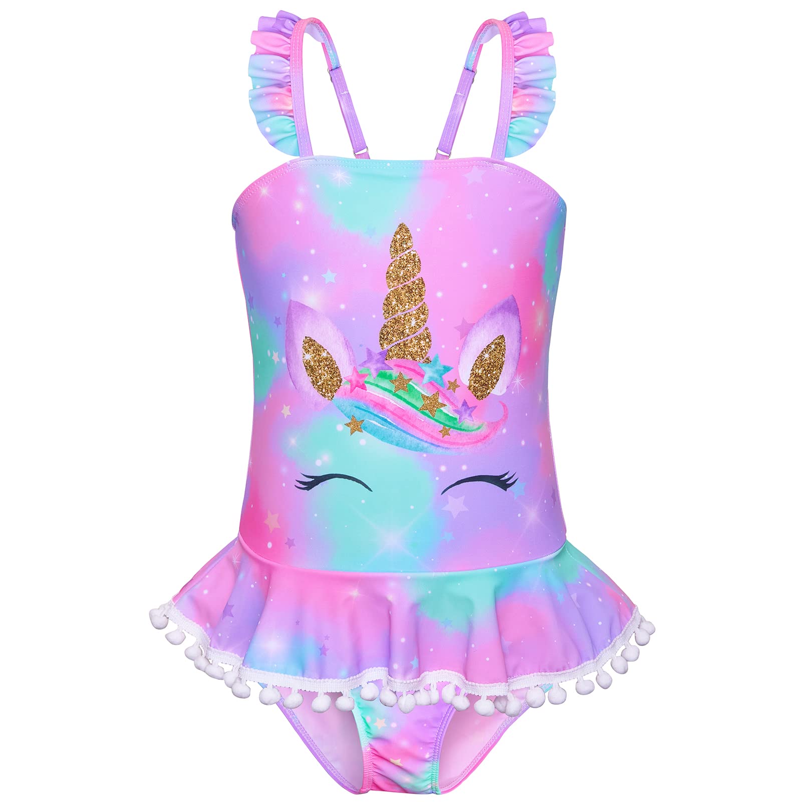 MHJY Girls Unicorn One Piece Swimsuits - Cute Ruffle Bathing Suit with Pompoms for Beach, Pool & Summer Vacations