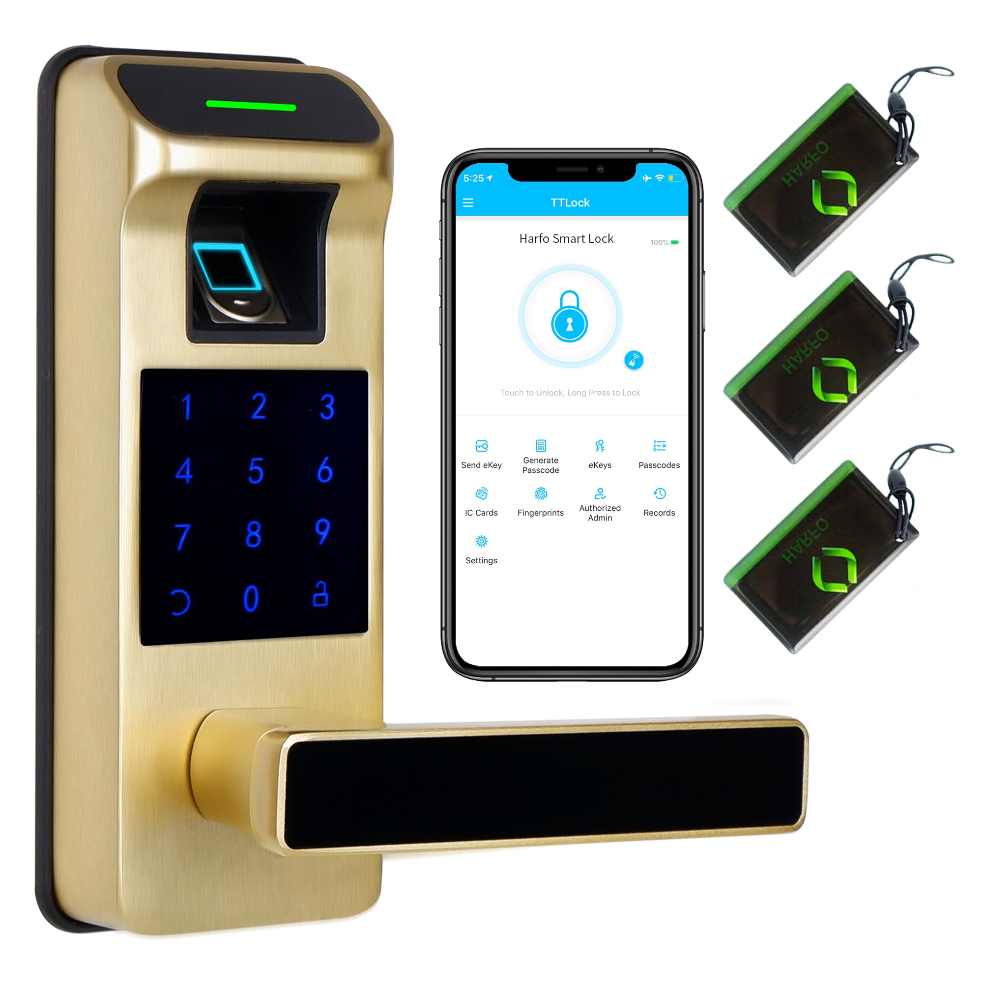 Harfo 5-in-1 Smart Fingerprint Door Lock - Keyless Entry with Touchscreen Keypad, Reversible Handle & Digital Security - Heavy Duty Electronic Keypad Lock for Home & Office (Gold) - Perfect for Modern Smart Homes & Secure Business Entrances