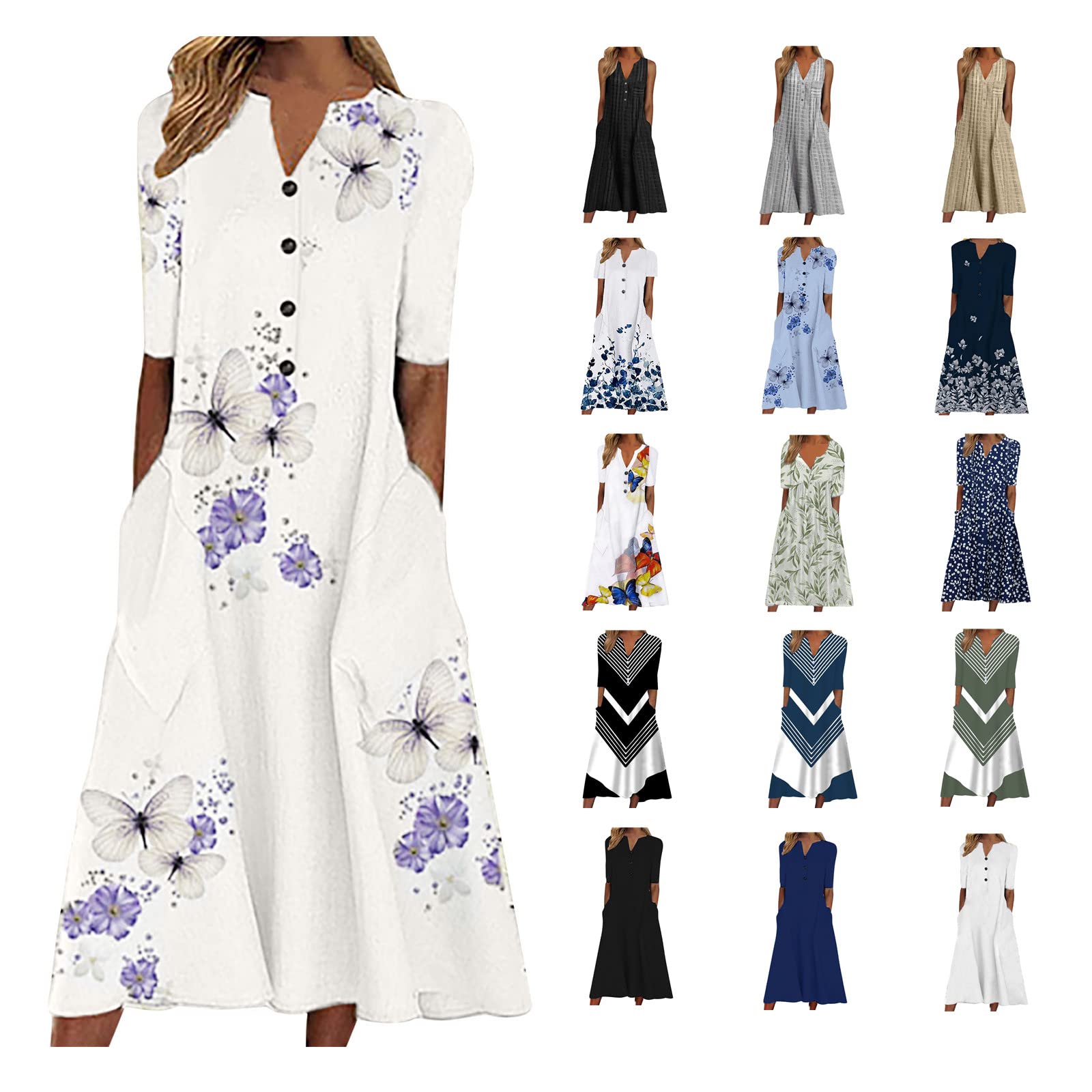 Women's Summer Maxi Dress 2024 - Short Sleeve Floral Sundress with Button Down & Pockets | Boho Beach Party Dress for Vacation, Date Night & Outdoor Events