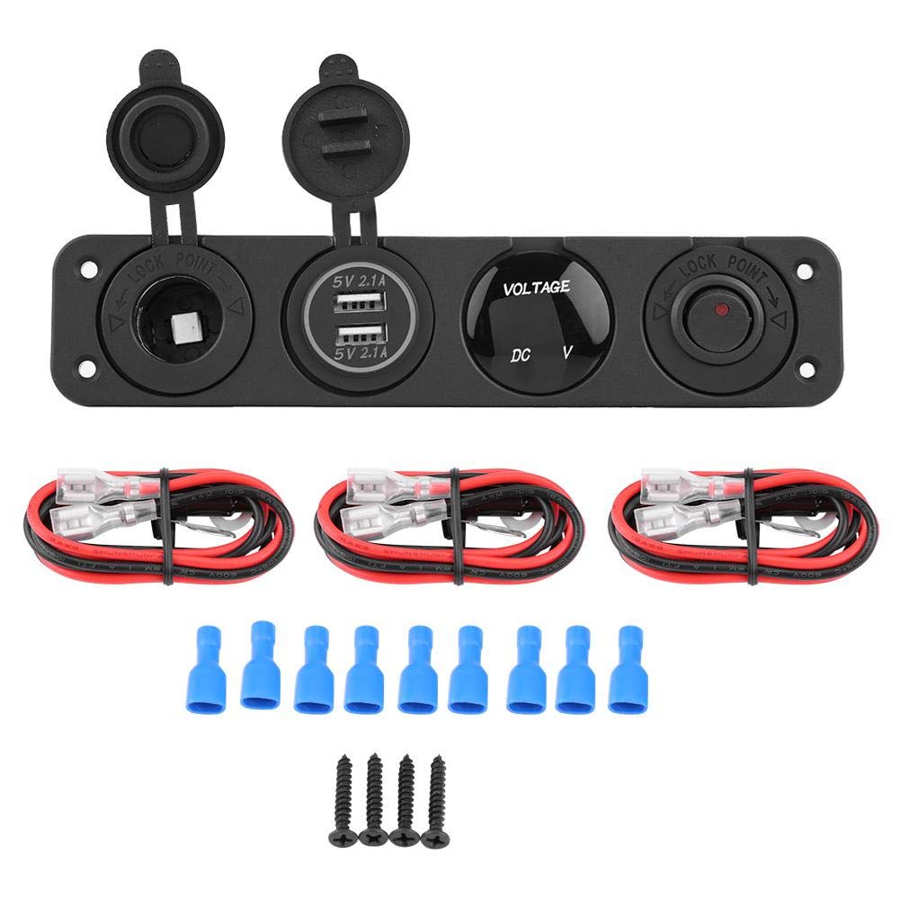 Akozon 4-in-1 On/Off Charger Socket Panel with Dual USB Ports & Voltmeter - 12V/24V Toggle Switch Panel for Car, Boat, Marine, Truck Cigarette Lighter Socket (Red) - Perfect for Road Trips, Camping & Marine Power Management