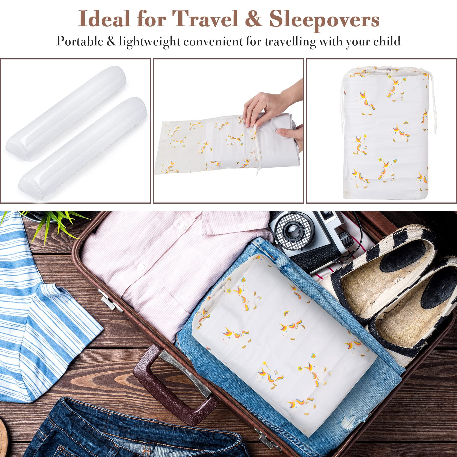 Inflatable Travel Bed Rails for Toddlers (2-Pack) - Portable Blow Up Bed Guard for Kids - Fits Full, Queen & King Size Beds - Home & Hotel Use - Perfect for Travel, Camping and Sleepovers