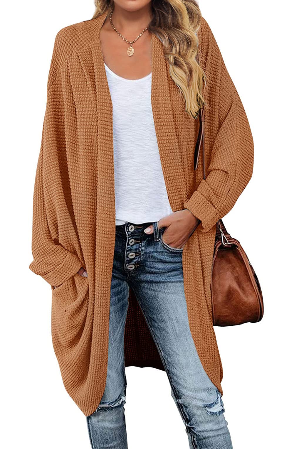 MEROKEETY Women's 2025 Fall Waffle Knit Batwing Long Sleeve Cardigan - Loose Open Front Sweater Coat for Women | Cozy Autumn Layering Piece for Work, Date Night & Casual Outings